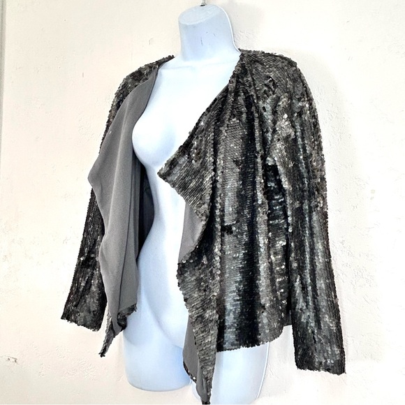 Free People Sequin Drape Open Front Jacket Size XS Gray Party Sparkle - Picture 4 of 10